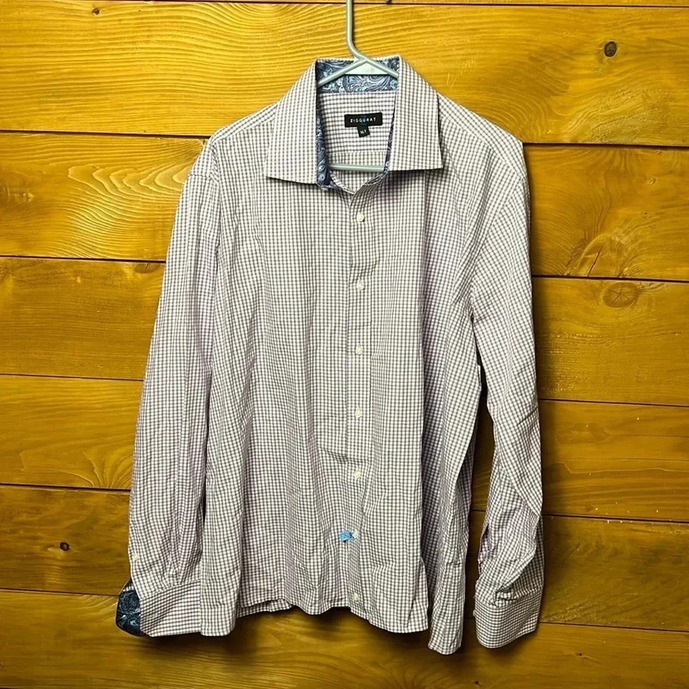 ZIGGURAT‎ XLT Purple Plaid Dress Shirt Long Sleeve Patterned Cuffs Wedding Event